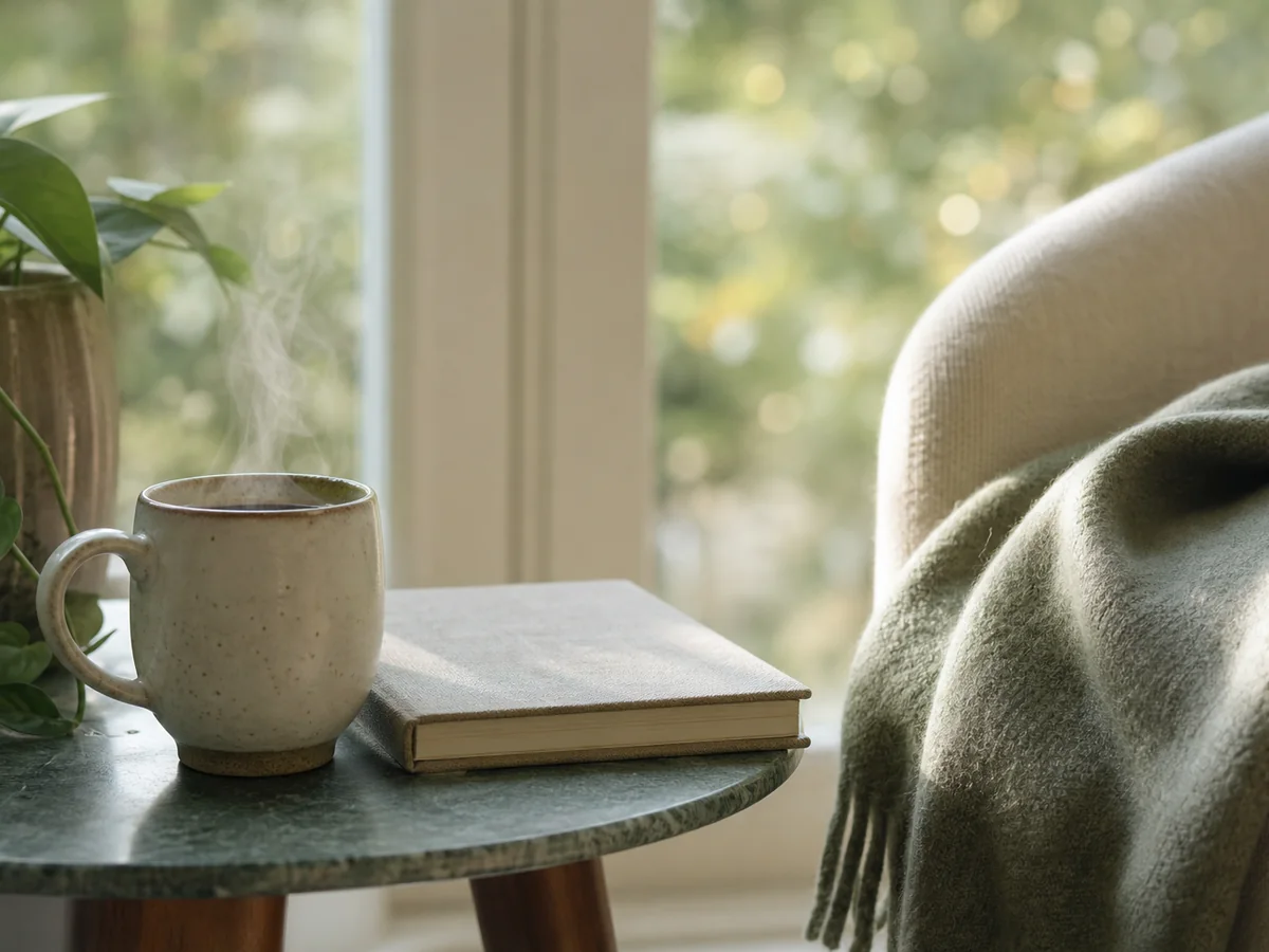 Quiet morning scene with tea, journal, and soft natural light