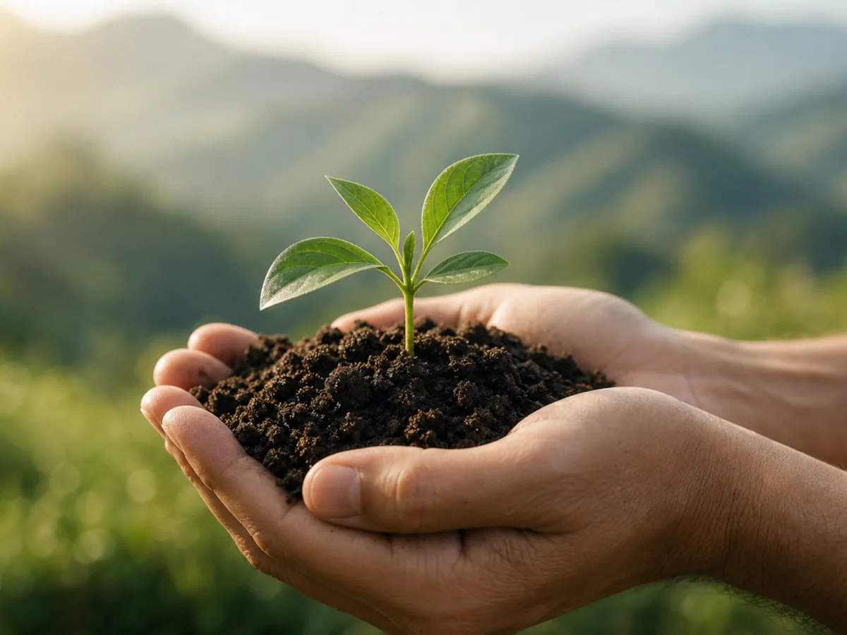Hands supporting a young seedling in natural soil