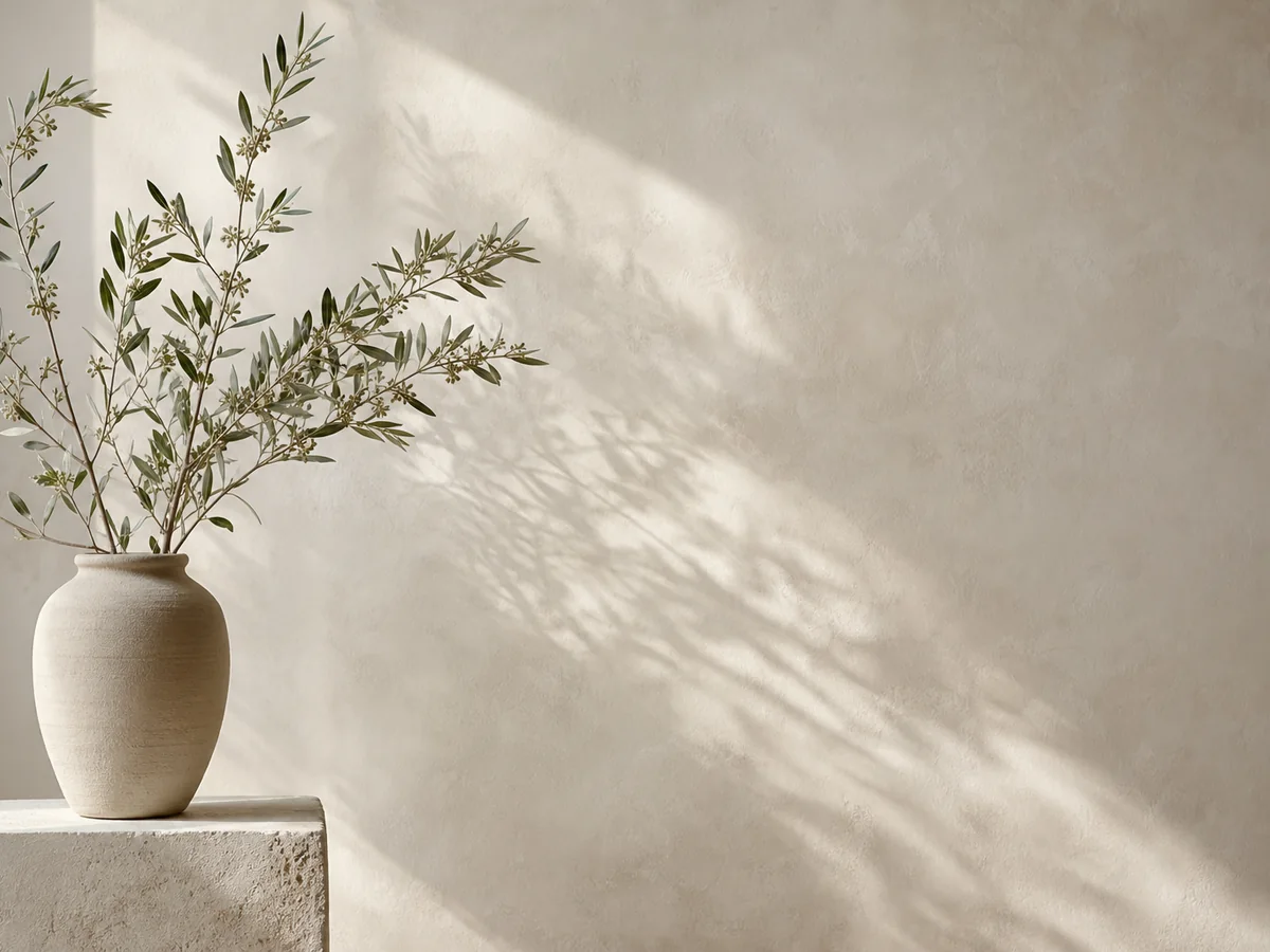 Ceramic vase with leafy branches in soft natural light